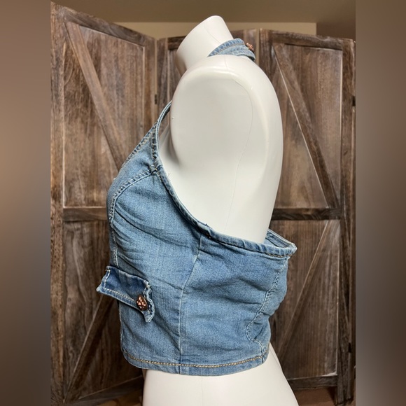 Dollhouse You Are Beautiful Blue Jean
Halter Top with Gold Buttons Size L - Picture 2 of 5